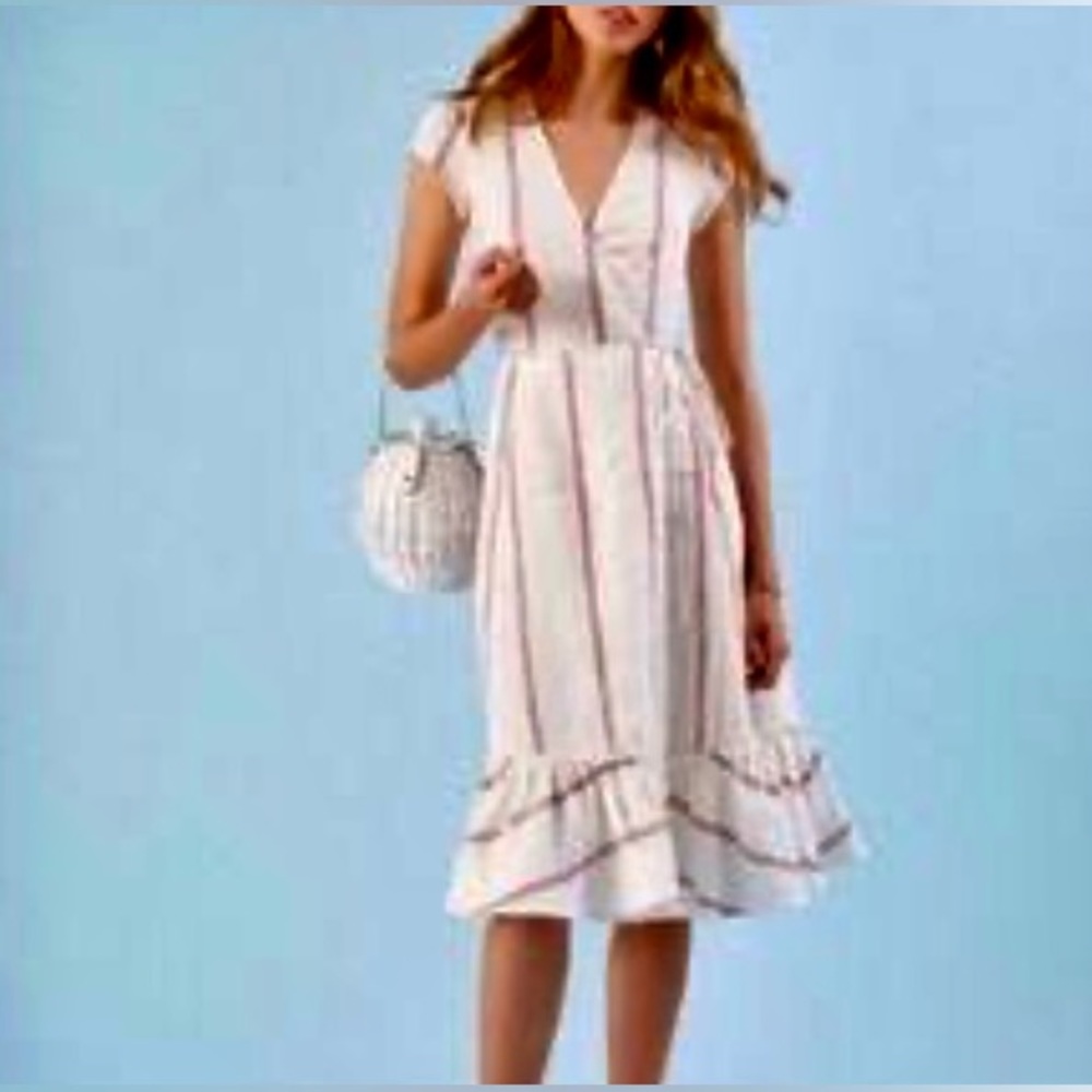 Reformation 100% Linen Striped Midi Wrap Dress Neutral Size S